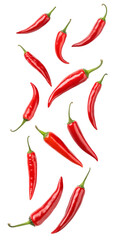 Falling red chili peppers isolated on transparent background