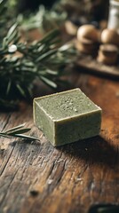 Handmade olive soap bar placed on a wooden table, selective focus
