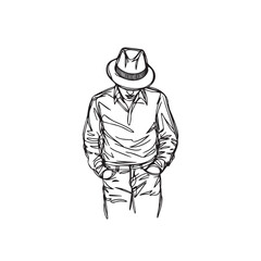 Casual man standing with hands in pockets - man silhouette vector - hands in pockets doodle - man illustration - man line art

