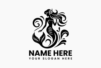 Graceful mermaid silhouette with flowing tail, timeless vector logo for seafood restaurants and beach resorts