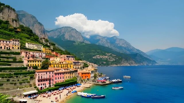Colorful terraced town on Amalfi Coast overlooks vibrant blue sea, with boats docked below and fuchsia flowers in foreground. Concept of Mediterranean travel and coastal beauty