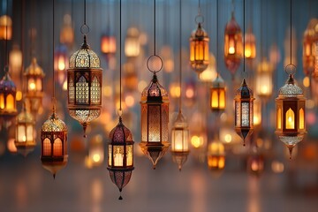 Obraz premium Eid al Adha, Ramadan Kareem, Eid al Fitr, and the Islamic New Year all have a festival background with several glowing lanterns. Generative Ai