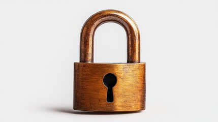 Macro shot of a small padlock with a brass finish, hyper-detailed edges on an absolutely white background.