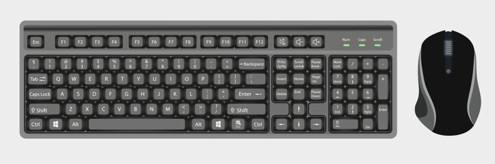 Keyboard and mouse set. Realistic keyboard and mouse in black and white colors with top view.