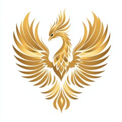 Obraz premium minimalist phoenix logo for luxury brand, golden line art with fire tail, symmetrical wings, isolated on white background