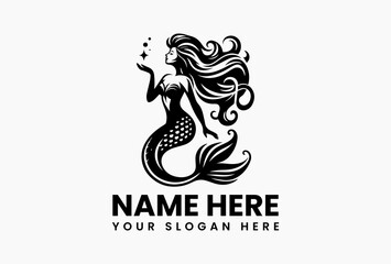 Graceful mermaid silhouette with flowing tail, timeless vector logo for seafood restaurants and beach resorts