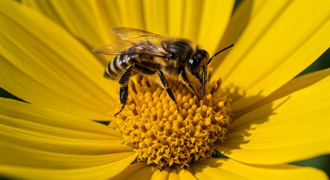 Honeybee on Yellow Flower: A Close-Up Macro Study