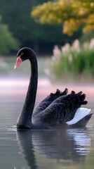 Obraz premium Black swan gracefully gliding on tranquil water