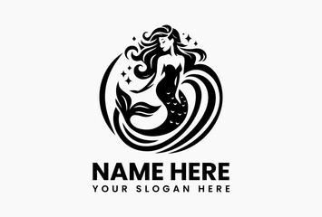 Stylized mermaid silhouette vector logo with curved figure and decorative tail, mythical ocean creature design ideal for nautical, fairytale, and coastal branding  
