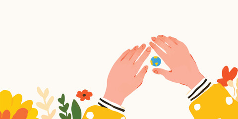 Naklejka premium Two hands tenderly cradle the Earth, surrounded by delicate flora, symbolizing environmental protection and the interconnectedness of life. A vibrant display of care for the planet.
