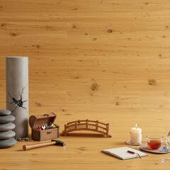 Serene Wooden Studio Still Life with Tools, Bridge, and Tea Setup