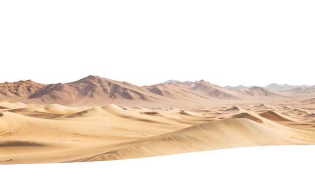 A vast desert landscape with rolling sand dunes and distant mountains isolated on white background PNG