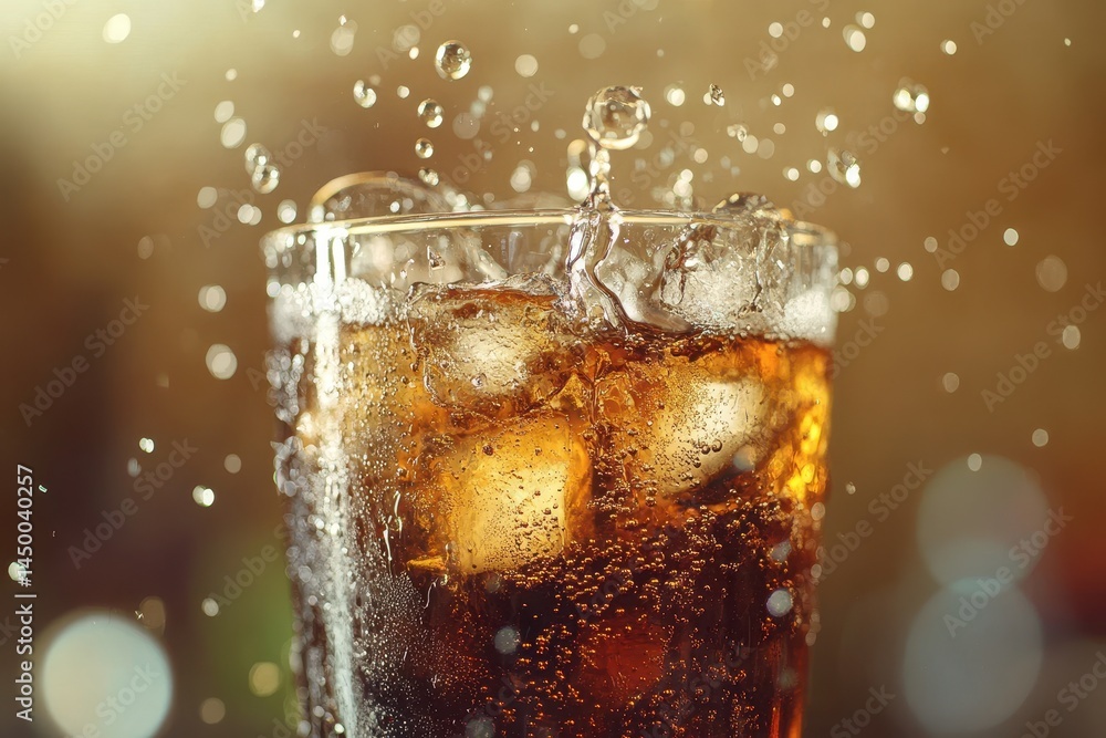 Poster refreshing glass of cola with ice and splashing bubbles on a summer day, glass of cola ice cola with