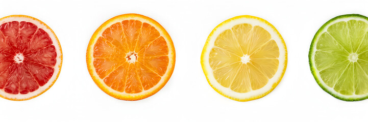 A colorful row of citrus slices, from left to right — grapefruit (pinkish-red), orange, lemon, and lime, showcasing their vibrant colors and juicy interiors