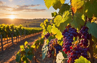 Sunset Glow Over Vineyard Grapes