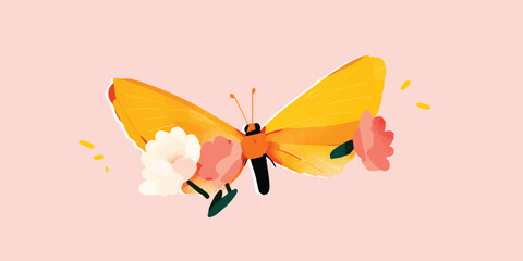 An artistic illustration of a bright yellow butterfly with delicate wings, complemented by vibrant blossoms, and a warm color palette, representing nature's beauty.