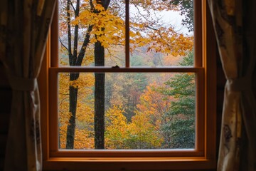 Captivating autumn view from a cozy cabin room window surrounded by vibrant nature, Closeup of a cabin room window with a view of autumn trees ing