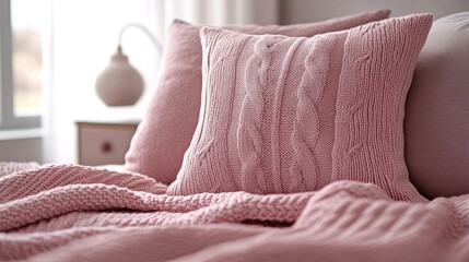 Cozy pink knitted throw pillows and blanket on a bed.