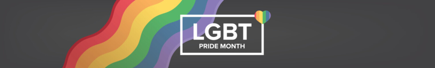 Happy pride month horizontal wide banner with pride color wave ribbon flag isolated on grey background. LGBT Pride month or pride day wide poster, flyer, invitation party card modern style design