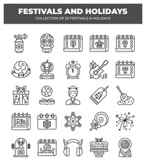 Collection of 25 Festivals and Holidays. Line Icons
