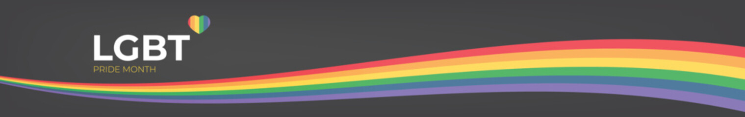 Happy pride month horizontal wide banner with pride color wave ribbon flag isolated on grey background. LGBT Pride month or pride day wide poster, flyer, invitation party card modern style design