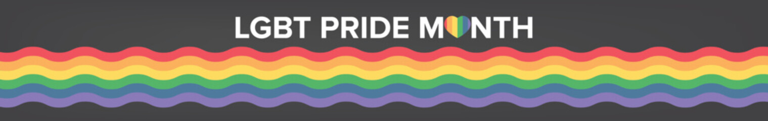 Happy pride month horizontal wide banner with pride color wave ribbon flag isolated on grey background. LGBT Pride month or pride day wide poster, flyer, invitation party card modern style design