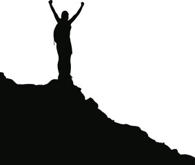 Silhouette of Figure on Mountain Peak | Victory Pose in Black and White