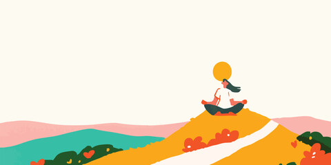 A woman finds inner peace during a serene meditation practice, sitting atop a rolling hill with a vibrant sun shining in the background.
