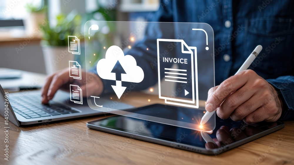Poster person interacts with digital documents in a cloud-based system.