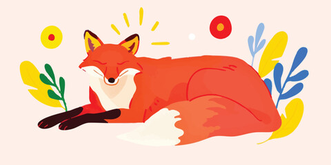 An endearing illustration captures the serene moment of a relaxed fox amid whimsical botanicals, portraying the animal's playful nature and its harmony with the surrounding flora.