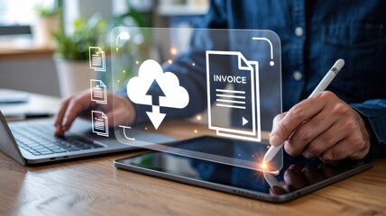 Person interacts with digital documents in a cloud-based system.