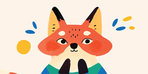 Fototapeta premium Cute fox illustration, happy, cheerful, playful, cartoon animal, adorable, friendly, joyful, spring, summer, colorful, vibrant, whimsical, fun, bright, positive, childlike, imaginative, friendly fox.