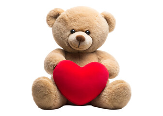 Fototapeta premium Close-up of teddy bear holding red heart symbolizing love,isolated on white background PNG