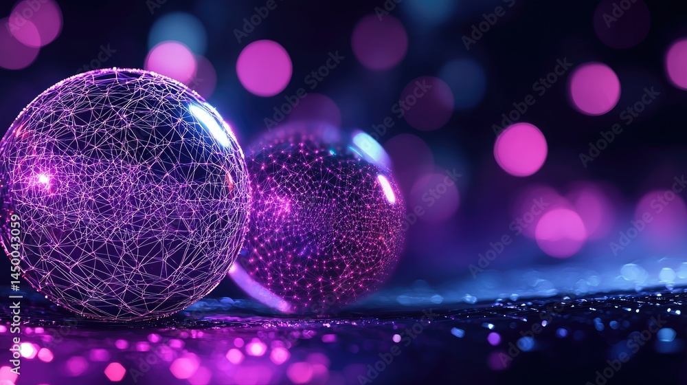 Poster two luminous spheres with interconnected light lines against a backdrop of vibrant bokeh.