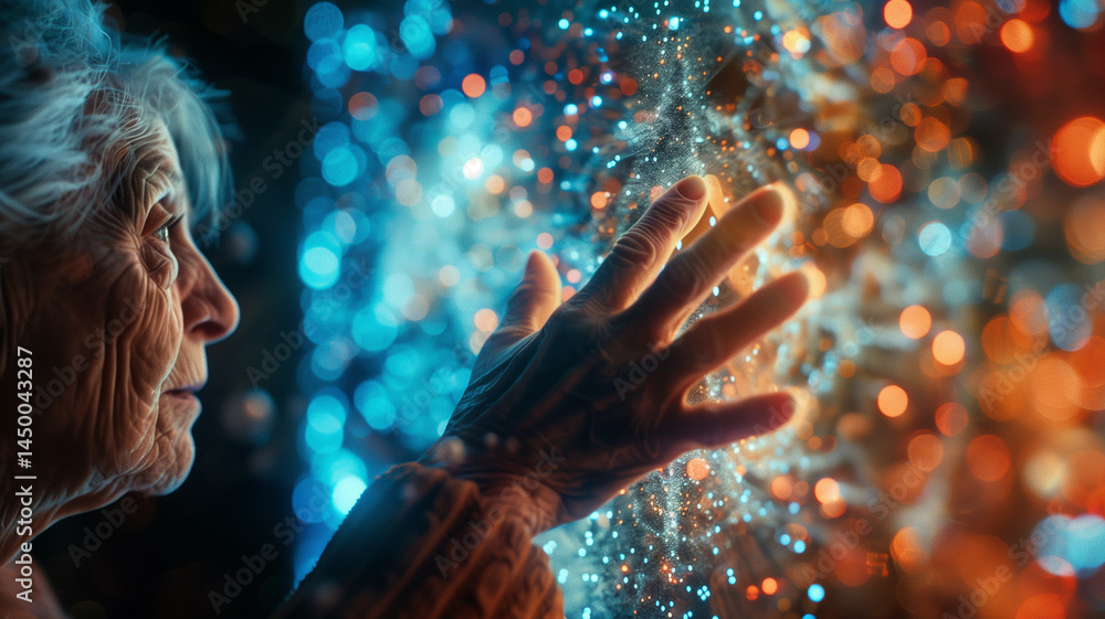 Aufkleber This elderly person interacts with a luminous digital representation of longevity science concepts.