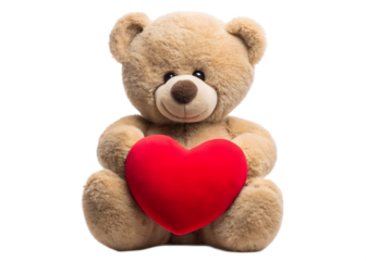 Close-up of teddy bear holding red heart symbolizing love,isolated on white background PNG