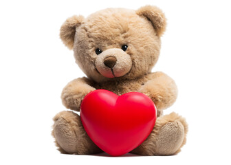 Fototapeta premium Close-up of teddy bear holding red heart symbolizing love,isolated on white background PNG