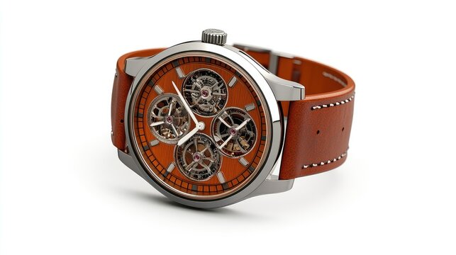 Photorealistic image of a mechanical wristwatch with an open-face design, isolated on an absolutely white background.