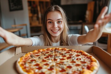 Young woman joyfully reaching for delicious pizza in cozy kitchen setting, A young woman with her hands extended in anticipation is standing in front of a big pizza box