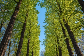 Fototapeta premium Majestic green alley with tall trees featuring vibrant young leaves in springtime, Green alley of tall trees in spring Green young leaves against a blue sky in May