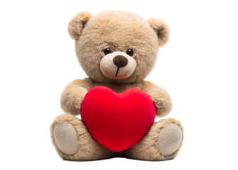 Close-up of teddy bear holding red heart symbolizing love,isolated on white background PNG
