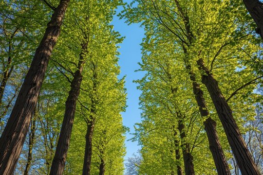 Majestic green alley with tall trees featuring vibrant young leaves in springtime, Green alley of tall trees in spring Green young leaves against a blue sky in May
