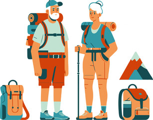 Fototapeta premium Senior couple hiking on mountain trail with backpacks 