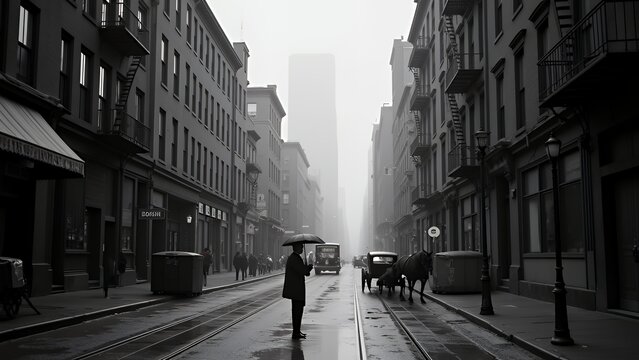 Fototapeta モノクロ写真の霧が多い雨の日、1920年代のニューヨークの風景