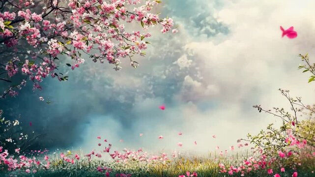 Spring blossoms paint a pink floral design on a cherry branch against the sky, a vector art illustration of nature's beauty