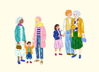 Different age groups. Hand-drawn style illustration of women and children. Loving family, parenthood, togetherness. Mother's Day.