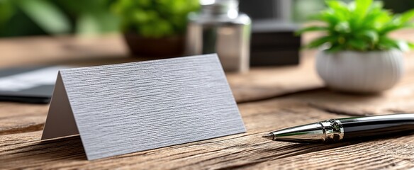 Blank place card on a wooden table