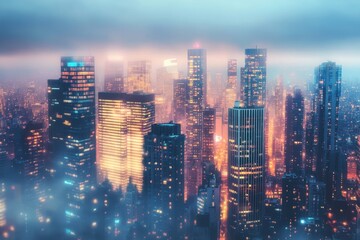 Obraz premium Digital city landscape illuminated by neon lights with foggy skyline during nightfall, 4k Photo digital city