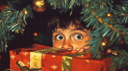 A child's curious anticipation hidden beneath a Christmas tree.