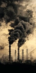  A large oil refinery with smokestacks emitting black plumes of smoke into the sky, symbolizing global warming and climate change.
